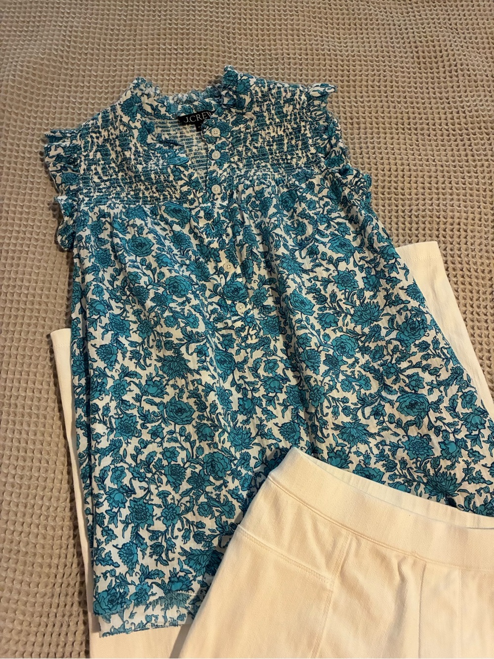 J. Crew Sleeveless Blue Floral Smocked Top, Small